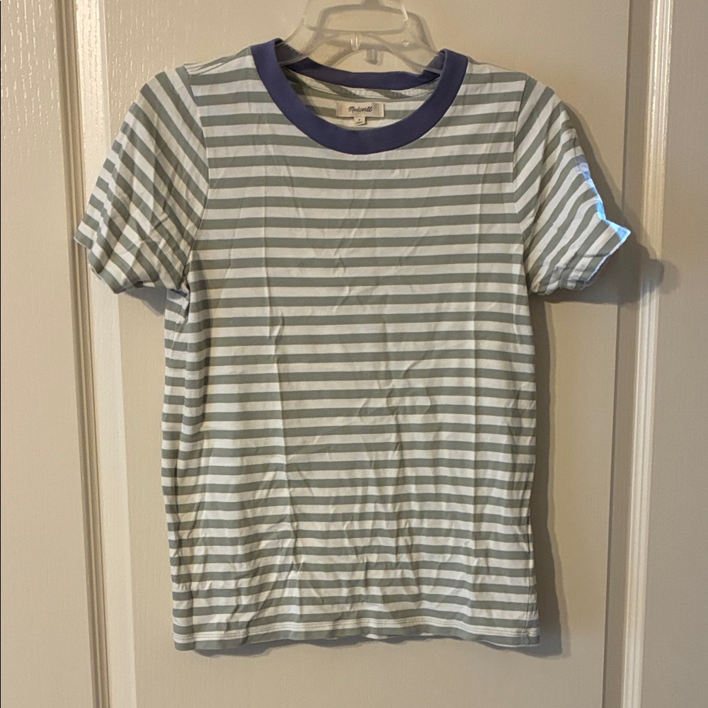 Madewell Gray Striped Tee with Purple Collar